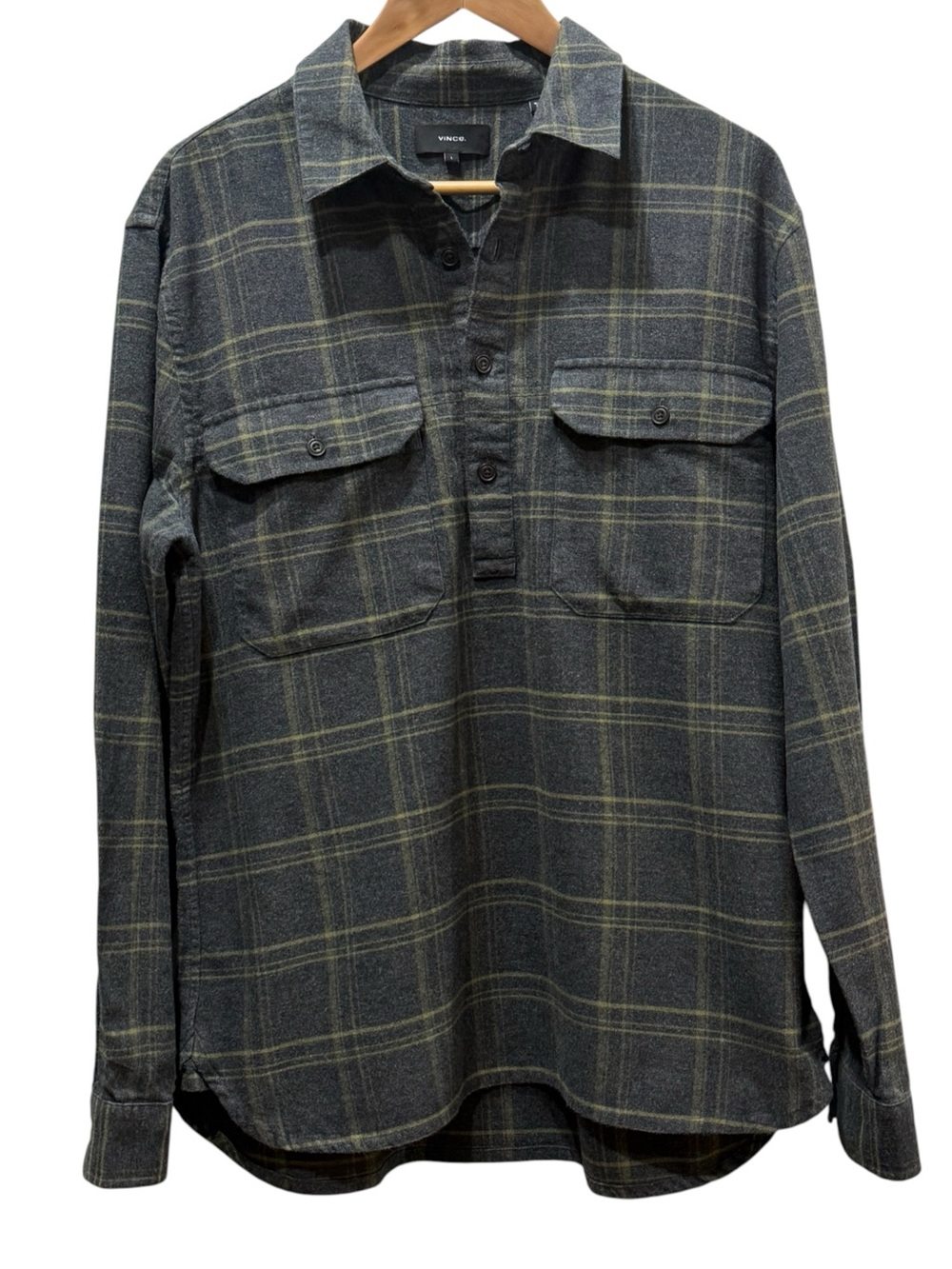 VINCE Men’s Plaid Cotton Pullover Shirt Gray Olive Green Large Gorpcore